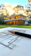 Architectural blueprints of a modern house with a lush garden setting
