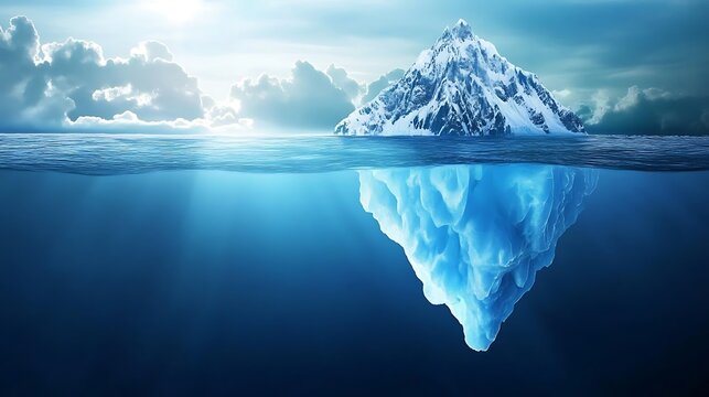 skies icebergs floating in deep blue water under dramatic Arctic