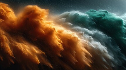 Powerful abstract wave in Indian flag colors crashing in slow motion with dramatic lighting perfect for Republic Day, Independence Day, patriotic campaigns and creative visual effects projects
