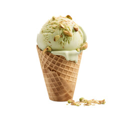 pistachio ice cream scoop in cone cup on transparent background