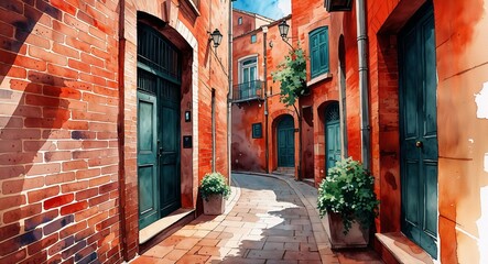 Fototapeta premium Quiet alleyway in an old city with brick walls on watercolor earthy reds and browns