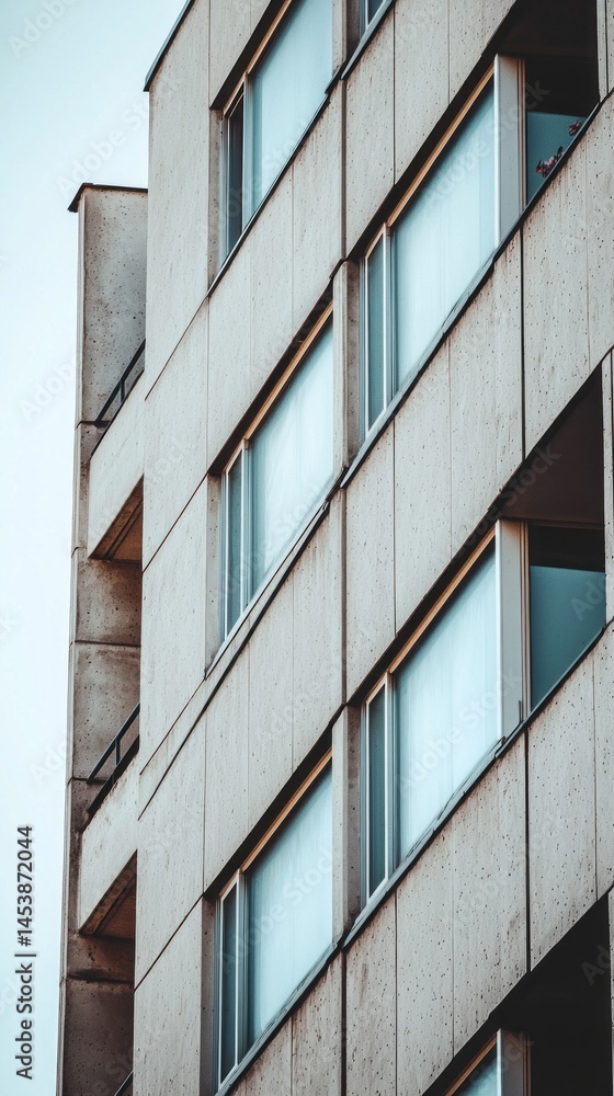 Poster Angled view of a contemporary apartment building features distinct windows and a textured facade. Natural light highlights its minimalist structure against a clear sky