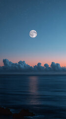 Serene night scene Full moon shining over calm ocean dark clouds at horizon starry sky above Peaceful tranquil atmo