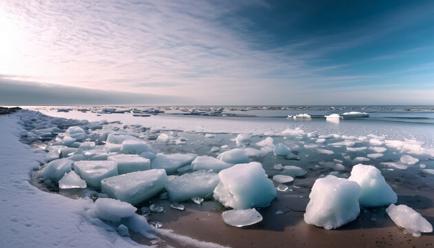 Frozen Lake Shore with Ice Blocks