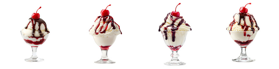 Decadent ice cream sundaes with cherry topping and chocolate syrup