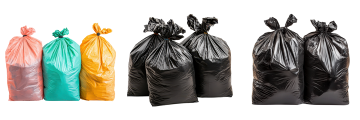 Colored waste bags and black garbage bags for recycling and disposal