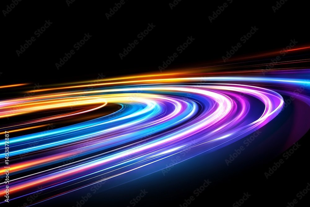 Poster abstract futuristic background with colorful light speed lines and glowing curves, digital tech conc