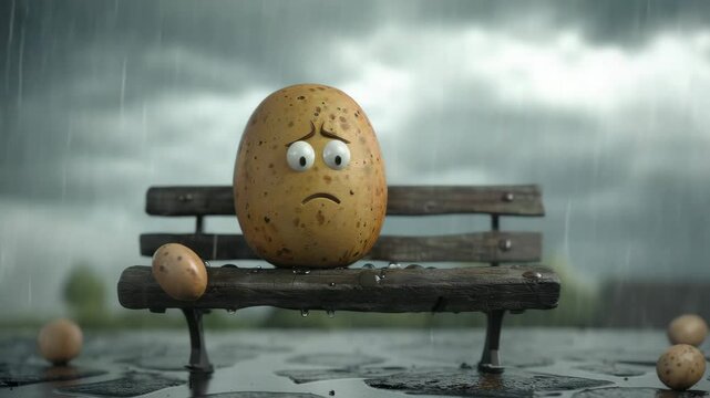 Sad potato character sitting on wet wooden bench in rainy weather with cloudy sky and puddles on ground, evoking feelings of loneliness and melancholy