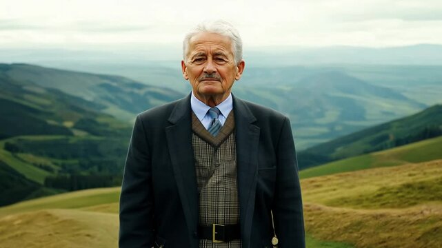 Dolly zoom in video of an elderly white man in a scottish kilt confidently walking along a rolling hillside, natural light