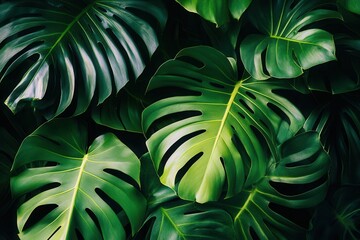 Lush green Monstera leaves overlapping in a vibrant tropical setting, showcasing nature's beauty