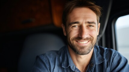 Professional truck driver smiling confidently, head and shoulders portrait, soft window light from left, f/2.8, blurred highway background .