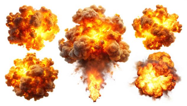 set of fiery explosion busting isolated on white background