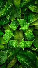 Lush green leaves form a vibrant recycle symbol showcasing eco friendly nature and sustainability
