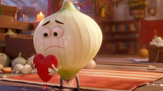 Sad animated onion character holding red heart with tears, standing on striped rug in cozy kitchen setting with other onions around