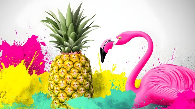 Vibrant tropical fruit and flamingo design.