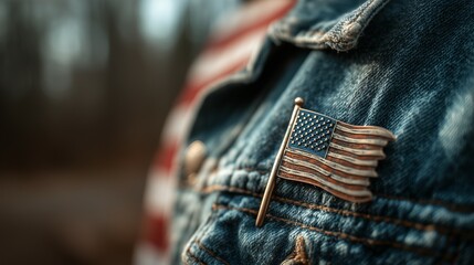 Vintage American flag pin on denim, warm sunlight and blurred stripes, evoking patriotism and nostalgia
