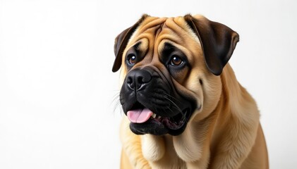 Obraz premium Imposing mastiff, intense gaze, pure white backdrop, animal photography, serious dog, isolated