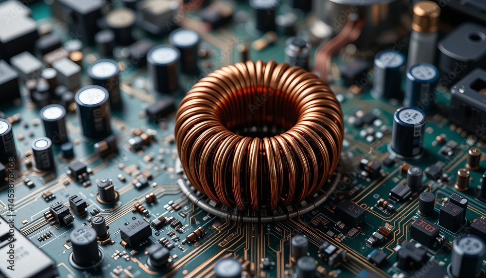 Poster a macro shot showcases an intricately detailed circuit board with various electronic components,
