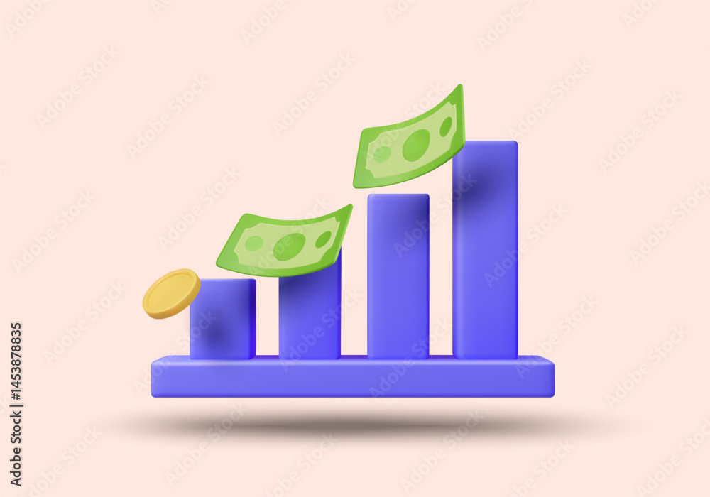 Aufkleber 3d illustration vector render of coin and banknote icon flowing through an uptrend graph from bottom