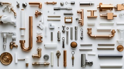 Obraz premium Plumbing components arranged neatly, 45-degree overhead view, soft studio lighting