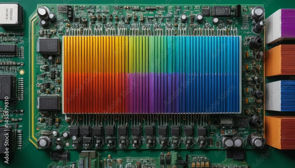 Poster macro view of a green circuit board with a vibrant rainbow colored heat sink array,