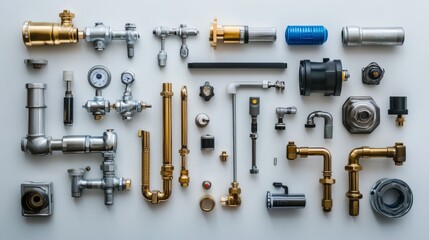 Plumbing components arranged neatly, 45-degree overhead view, soft studio lighting