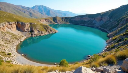 Irregular shaped lake with rocky shoreline and sparse vegetation, brown, mountain