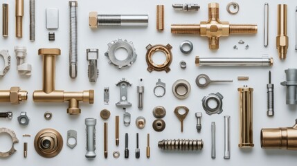 Obraz premium Plumbing components arranged neatly, 45-degree overhead view, soft studio lighting