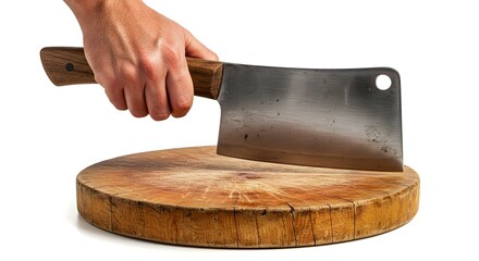 Butcher Knife and Wood Chopping Block, Cleaver on Round Wooden Cutting Board