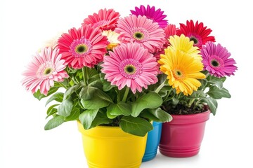 Fototapeta premium Vibrant gerbera daisies bloom in colorful pots, creating a cheerful and bright floral display