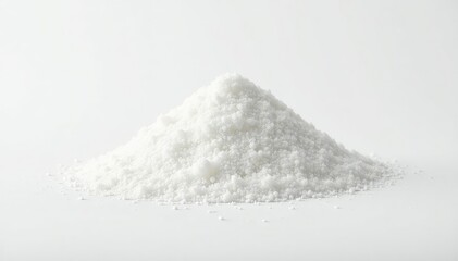 Pile of white granulated sugar on white background, texture, cane sugar