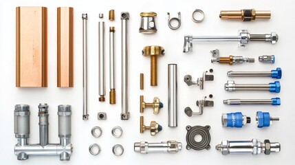 Obraz premium Plumbing components arranged neatly, 45-degree overhead view, soft studio lighting