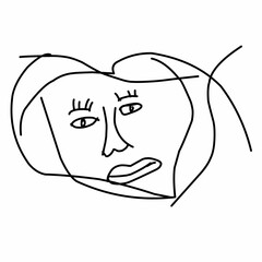 Abstract grunge line minimalist brush face. Abstract face portrait, Modern contemporary art, trendy continuous drawing. Cubism artistic linear portrait.