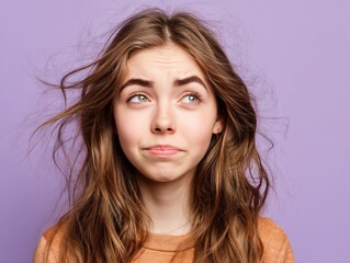 Fototapeta premium Teen girl with tense brows and rapid blinking, head slightly tilted, lavender background