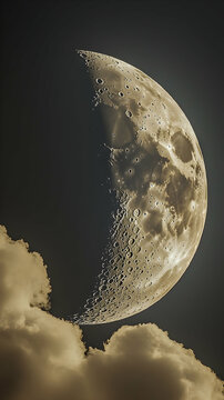 Crescent moon partially obscured by clouds showcasing its craters and textured surface  A celestial scene of lunar bea