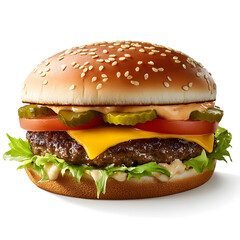 A mouthwatering triple cheeseburger with layers of melted cheese, juicy patties, fresh lettuce, and a tangy tomato.