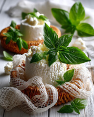 Rustic still life with traditional dairy products and fresh baked bread. Homemade cottage cheese and ricotta are served on a wooden board alongside slices of crusty bread and creamy butter. 