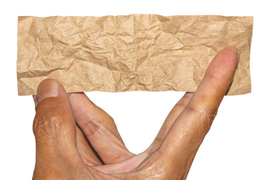 Asian Man Hand Holding Torn Brown Crumpled Paper Texture Pieces on Transparent Background. Ideal for Text Space or Creative Project.