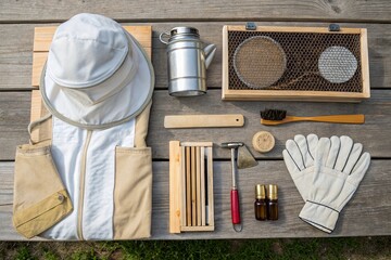 Beekeeping Setup with Gear and Tools Flat Lay for World Bee Day