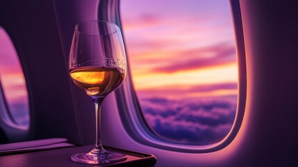 Next to the plane window, a glass of Burgundy wine sits quietly on the tray table,