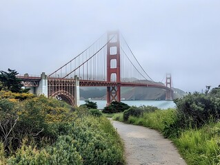 Naklejka premium Golden Gate Bridge in Misty Weather - Iconic San Francisco Landmark for Visitors Exploring Nature Trails and Urban Landscapes
