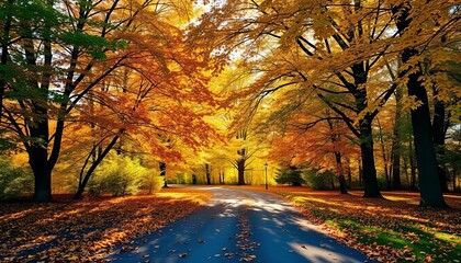 Fototapeta premium Vibrant fall foliage, sunlit park path, golden leaves, daylight, oak