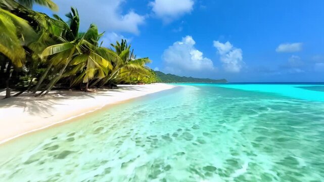 Flythrough, high speed fpv over a white sand beach in maldives, turquoise water, palm trees, sunny tropical paradise