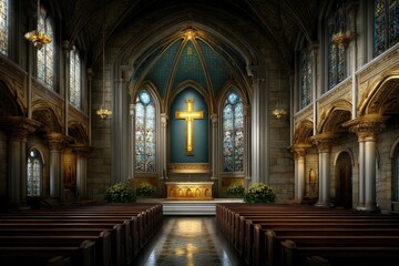 Fototapeta premium Majestic interior of a grand church with stained glass windows