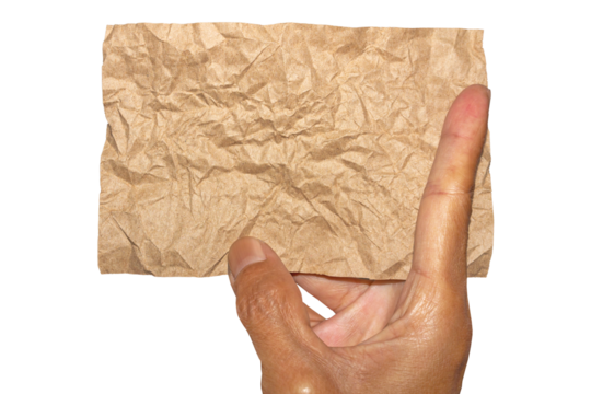 Asian Man Hand Holding Torn Brown Crumpled Paper Texture Pieces on Transparent Background. Ideal for Text Space or Creative Project.
