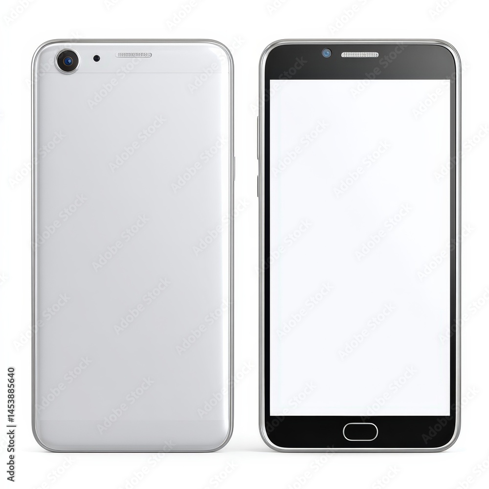 Poster modern smartphone mockup showing front and back view with white blank screen for ui design and app p