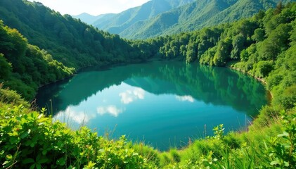 Circular lake surrounded by lush green vegetation, landscape, summer, aerial