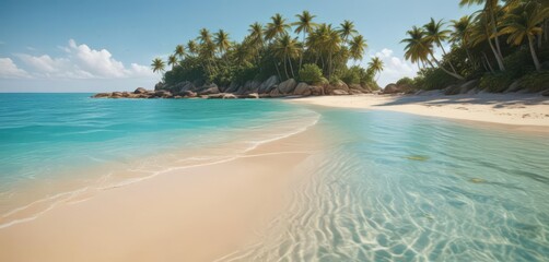 Fototapeta premium Golden sand, turquoise water, lush island backdrop, blue, tropical
