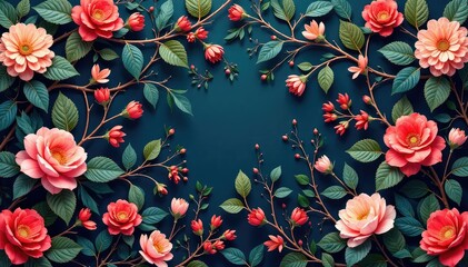 Continuous floral motif, dense blossoms, interwoven vines , design, blue, graphic