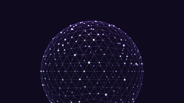 High-tech rotating data sphere with scattered pulsating nodes and thin mesh lines. Camera zoom in and tilt up